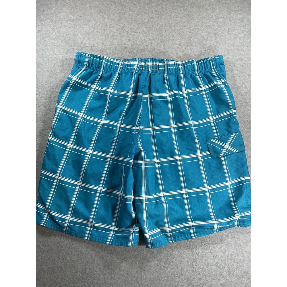 OP Mens Swim Trunks XL Blue Plaid Board Shorts Mesh Lined Cargo Pocket 2137
